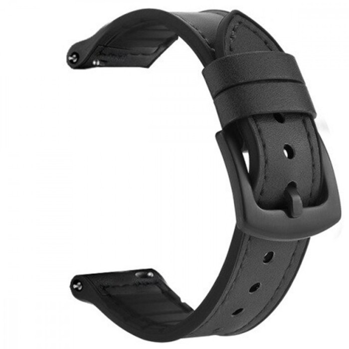 Curea hibrid piele-silicon, compatibila Garmin Forerunner 245, telescoape Quick Release, Black Shadow