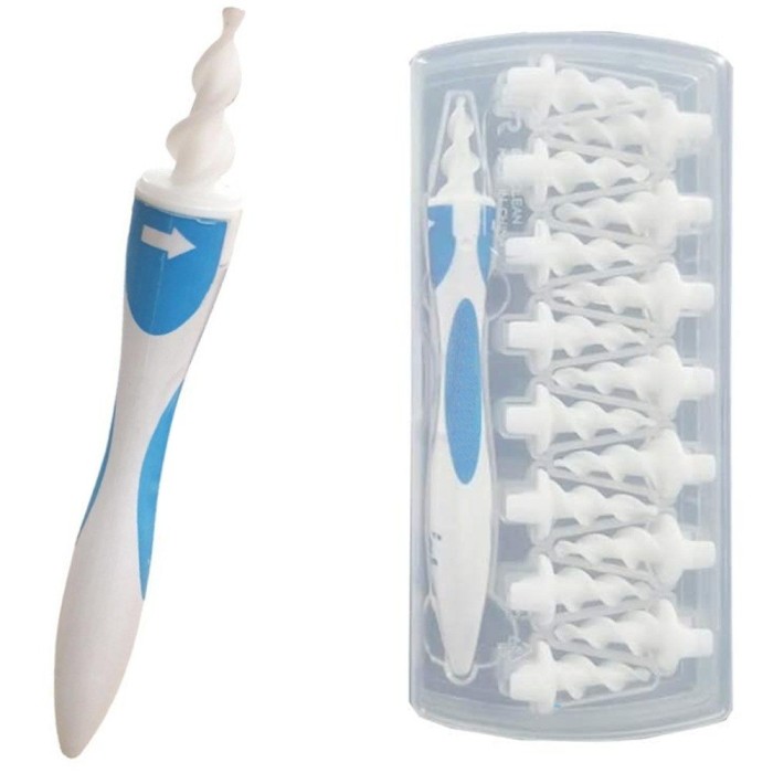 Dispozitiv pentru curatarea urechilor, 16 varfuri silicon, design spiralat, alb albastru
