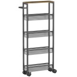 HOMCOM Cărucior de bucătărie cu 4 roți, cărucior de depozitare cu roți, blat cu aspect de lemn, structură metalică, 47x13x96,5 cm, negru | Aosom Roman