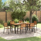 Set Mese Grădină vidaXL 7 Piese Negru Poly Rattan Acacia, Scaune Grădină Stivuibile vidaXL cu Perne 2 buc Negru Poly Rattan, Masă Grădină vidaXL 180x9