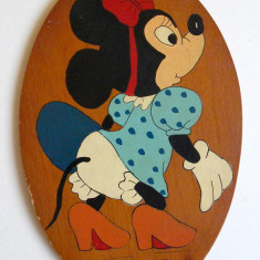 Minnie Mouse - Tablou artizanal pictat manual COOP anii 70 Epoca de Aur, 23x15cm