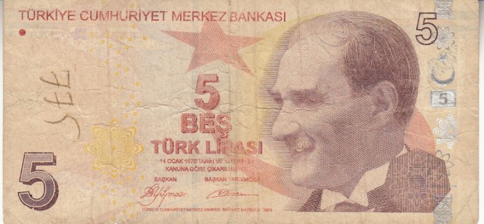 B11 1 - Bancnota foarte veche - Turcia - 5 lire - 2009