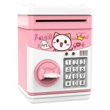 Pusculita electronica pentru copii, model pisica, tip ATM cu cod PIN, lumini si sunete, economisire bani, roz, 16 x 11 x 10 cm