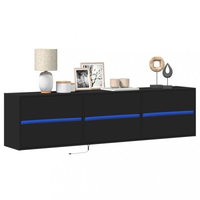 vidaXL Dulap TV de perete cu lumini LED, negru, 180x31x45 cm foto