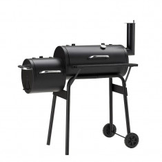 Gratar bbq pentru carbuni, 2 compartimente, grill si afumatoare, raft, horn, roti transport, termometru MultiMark GlobalProd