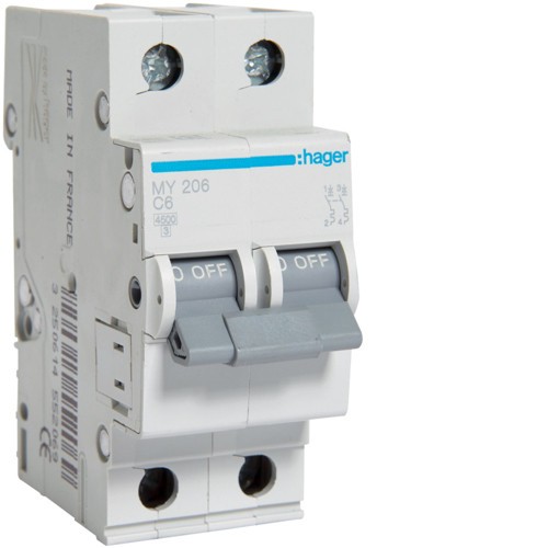 Siguranta automata 6A 2P Curba C 4,5ka Hager MY206