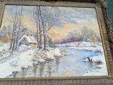 Tablou, peisaj de iarnă, pictură &icirc;n ulei pe carton, semnată Elena Niculescu.