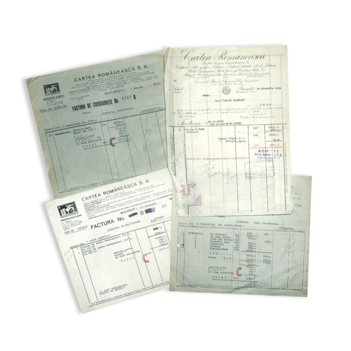 Cartea Rom&acirc;nească, patru facturi, 1936 - 1940