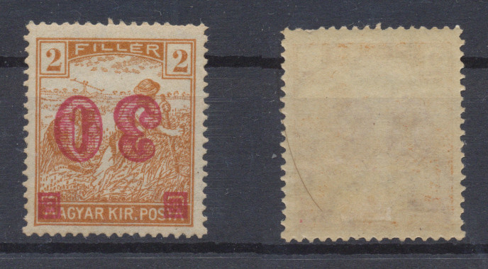 1919 Banat emisiunea Timisoara eroare 30 fil / 2 fil sursarj rosu ranversat MLH