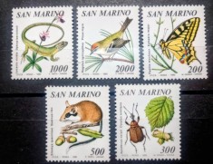 San Marino 1990 fluturi, păsări, g&acirc;ndaci, rozătoare,șop&acirc;rla, fauna serie 5v nestampilata