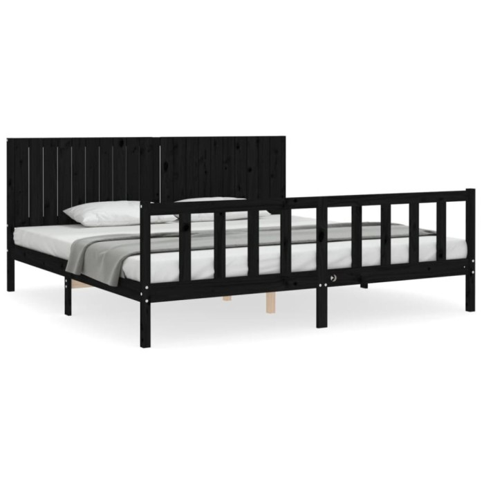 Cadru pat cu tablie 200x200 cm, negru, lemn masiv