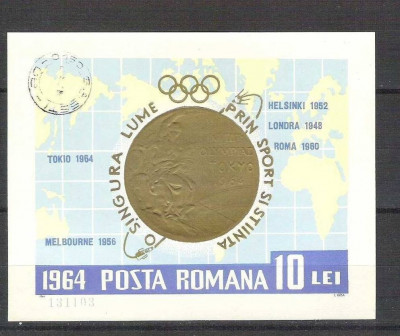 Romania 1964 Olympics medals, imperf. sheet, used Z.028 foto