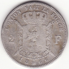 Moneda Belgia - 2 Francs 1866 - Text francez - Argint