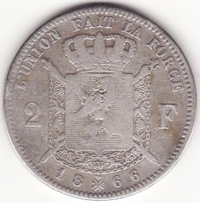 Moneda Belgia - 2 Francs 1866 - Text francez - Argint foto