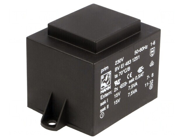 Transformator &icirc;ncapsulat 15VA 230V 15V 500mA PCB