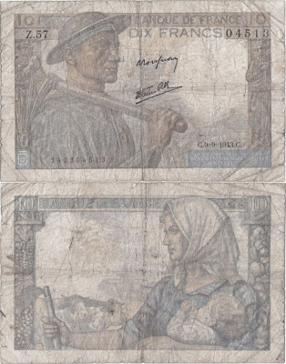 1943 (9 IX), 10 francs (P-99d.2) - Franța foto