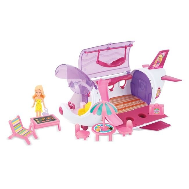 Set papusa mini cu avion si accesorii, 16 piese, 44x22x21 cm, 3 ani +