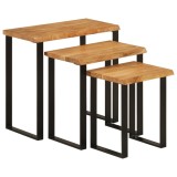 Set 3 Mese Cafea Suprapuse Acacia Masiv Margine Naturala, Picioare Metal U, Living/Hol, 60x33x58cm, Natur