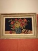 Tablou cusut mare Goblen vechi inramat lucrat manual in rama fundal negru buchet flori in vaza rama lemn fara sticla total 69.50x47.50