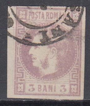 ROMANIA 1868 LP 22 REGELE CAROL CU FAVORITI 3 BANI VIOLET STAMPILAT foto