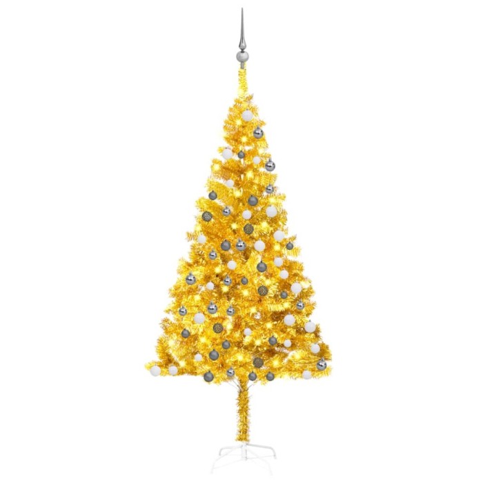vidaXL Brad Crăciun pre-iluminat cu set globuri, auriu, 180 cm, PET 3077691