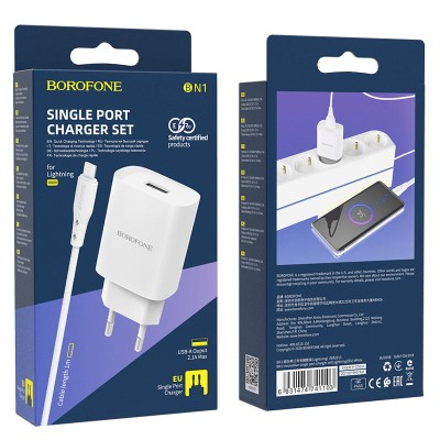 Incarcator Retea Borofone, BN1 Innovative, 2.1A, 1 X USB, cablu tip Lightning, Alb foto