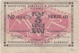 ROMANIA Bon Bilet de drum 5 bani 1918 Societatea Comunala a Tramvaielor Bucuresti aVF