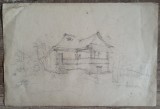 Casa romaneasca cu pridvor// desen in creion, Peisaje, Acuarela, Altul