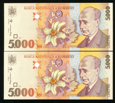 q537 PERECHE CONSECUTIVA 5000 LEI 1998 filigran mare oblic NECIRCULATA UNC foto