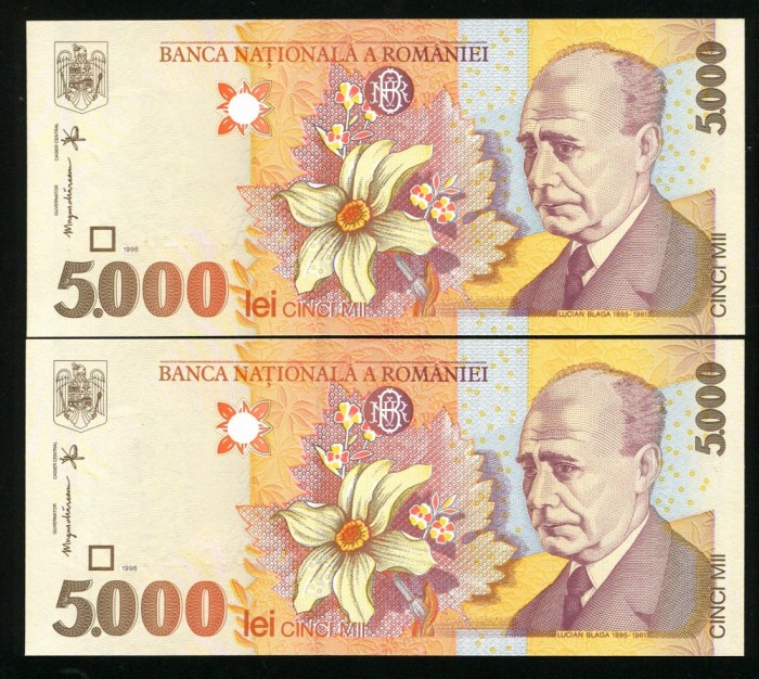 q537 PERECHE CONSECUTIVA 5000 LEI 1998 filigran mare oblic NECIRCULATA UNC