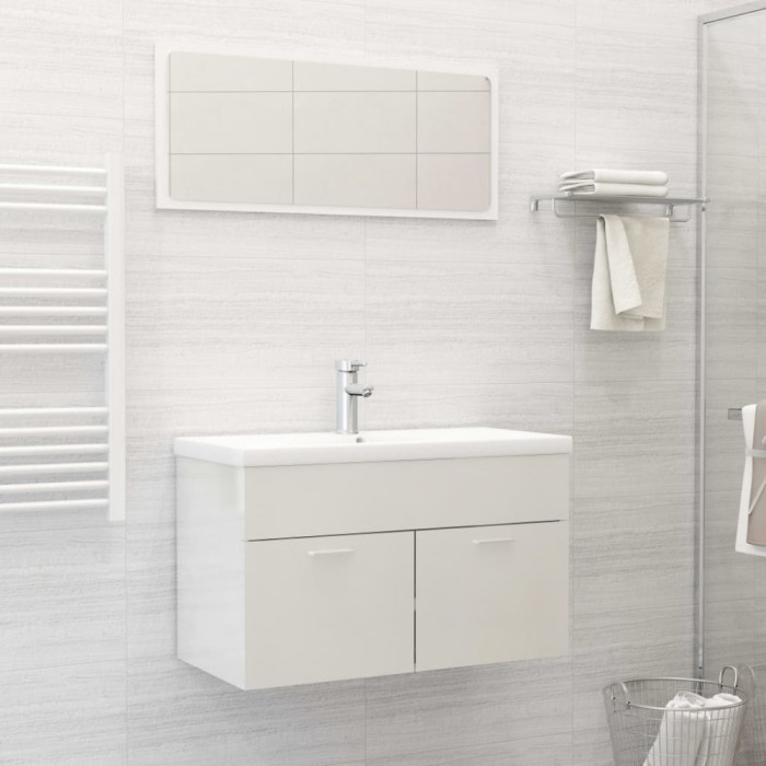 Set mobilier de baie, alb extralucios, lemn prelucrat