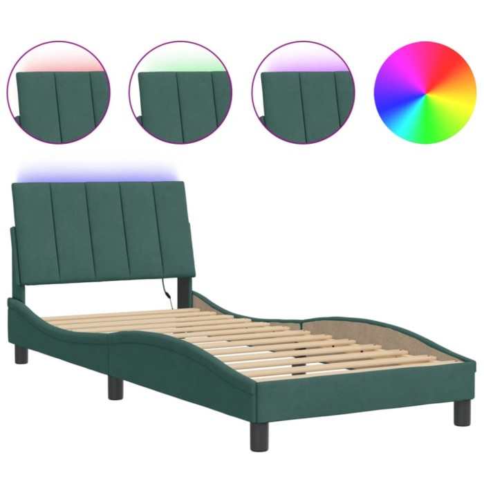 Cadru de pat cu LED fara saltea, Hanko, verde inchis, 90x190 cm, catifea