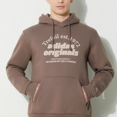 adidas Originals bluză Hoodie bărbați, culoarea maro, cu glugă, cu imprimeu, IU0218