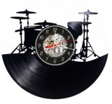 Ceas de perete decorativ din disc vinil Set Tobe Muzical Skeleton Negru 30 cm Cadou Baterist