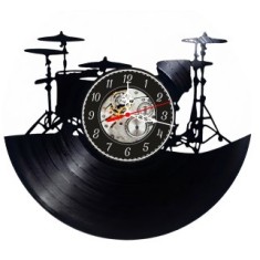 Ceas de perete decorativ realizat din disc de vinil, Model Set de Tobe, Dobosar Percutie, Instrumente Muzicale, Skeleton, Negru, 30 cm