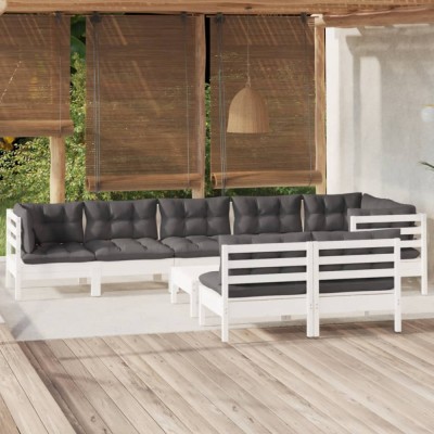 vidaXL Set mobilier grădină cu perne, 9 piese, alb, lemn masiv pin 3096461 foto