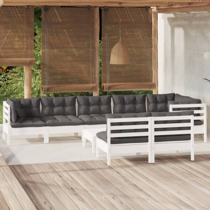 vidaXL Set mobilier grădină cu perne, 9 piese, alb, lemn masiv pin 3096461