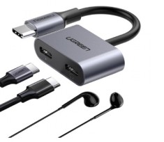 ADAPTOR Incarcare si audio Ugreen, &amp;quot;CM232&amp;quot;, 1 x USB Type-C(T) la 2 x USB Type-C(M), lungime cablu 15 cm, gri &amp;quot;60165&amp;quot; (timbru verde 0.08 lei) - 6957303 foto