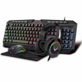 Kit mouse si tastatura gaming Platinet Varr Rainbow Set, Tastatura, Mouse, Mousepad, Casti, Iluminare RGB + Casti cu microfon + Mousepad (Negru)