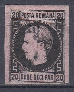 ROMANIA1866 LP 20 c CAROL FAVORITI 20 PARALE NEGRU/ROZ HARTIE SUBTIRE SARNIERA