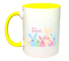 Cana maner galben personalizata &quot;Paste fericit!&quot;, Model 7, INOVATIX&reg;. 330ml