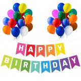 Set 20 Baloane 30cm + Banner Happy Birthday Multicolor 12x17cm - Decoratiuni Petrecere Aniversare Copii Adulti