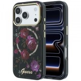 Husa MagSafe pentru Apple iPhone 18 Pro / 17 Pro, Guess, IML Glitter Blossom Roses, Neagra