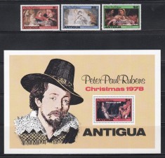 Barbuda 1978 - Crăciun - Picturi de Peter Paul Rubens, timbre din Antigua supratipar &bdquo;BARBUDA&rdquo;, Serie + Colita, MNH