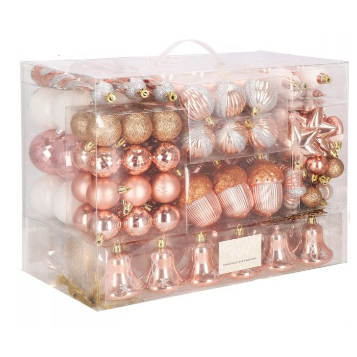 Set globuri si decoratiuni de Craciun, 152 piese, diverse dimensiuni, roz auriu Household NewTrend
