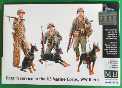 Kit DOGS IN SERVICE IN THE US MARINE CORPS MB MB35155 Scara 1/35 DIORAMA MACHETA FIGURINE ASAMBLARE HOBBY WWII SOLDAȚI GERMANI AMERICANI RUȘI foto