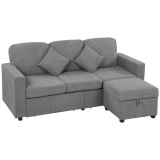 HOMCOM Divan 3 Locuri cu Pouf de Depozitare din Velur cu Nervuri 196x139x85 cm, Gri | Aosom Romania