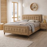 Pat matrimonial Melodie, elemente lemn masiv, tapitat cu stofa, cu somiera,160x200 cm, crem