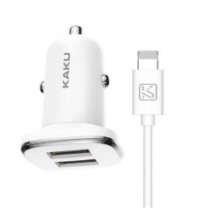 Incarcator auto KAKU KSC-318, 2 x USB, Incarcare rapida si cablu Lightning, Alb