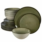 Set farfurii 18 piese, 6 persoane, Earth Green, Alb Ivoire lucios cu verde